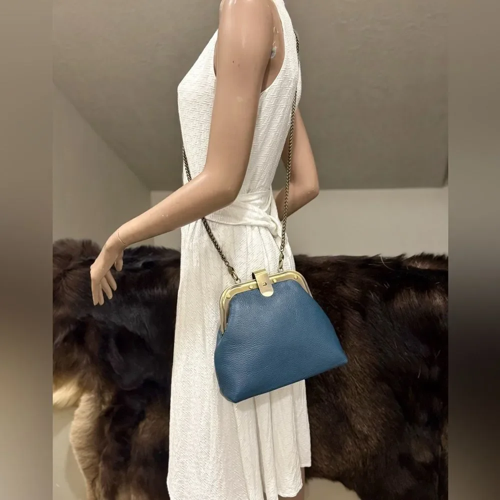 Blue Premium Pebble Leather Handmade Unique Rivet Metal Frame Handbag/Crossbody
